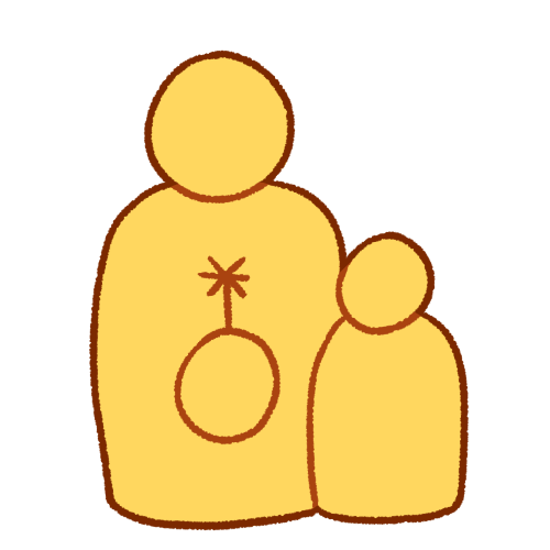 A simple emoji yellow figure with a nonbinary symbol, with a smaller emoji yellow figure on the right side of them.